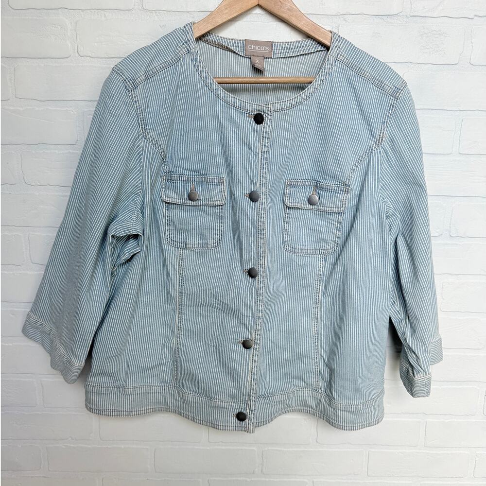 Chico's Blue White Pinstripe Denim Style Cotton Button Jacket sz 12/14 2
